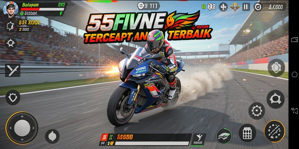 Tangkapan layar dari gameplay 55FIVE menampilkan balapan motor yang mendebarkan.