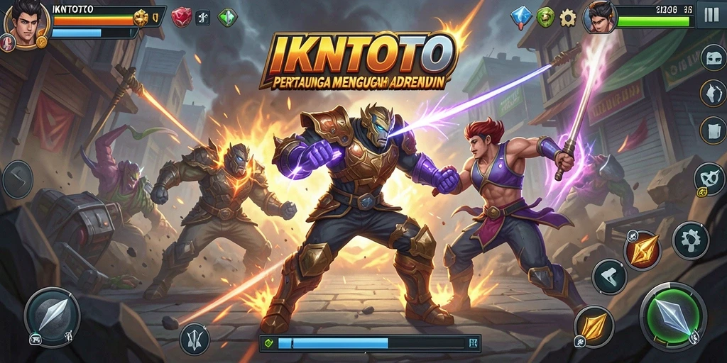 Screenshot utama IKNTOTO menampilkan pertarungan seru antara dua karakter.