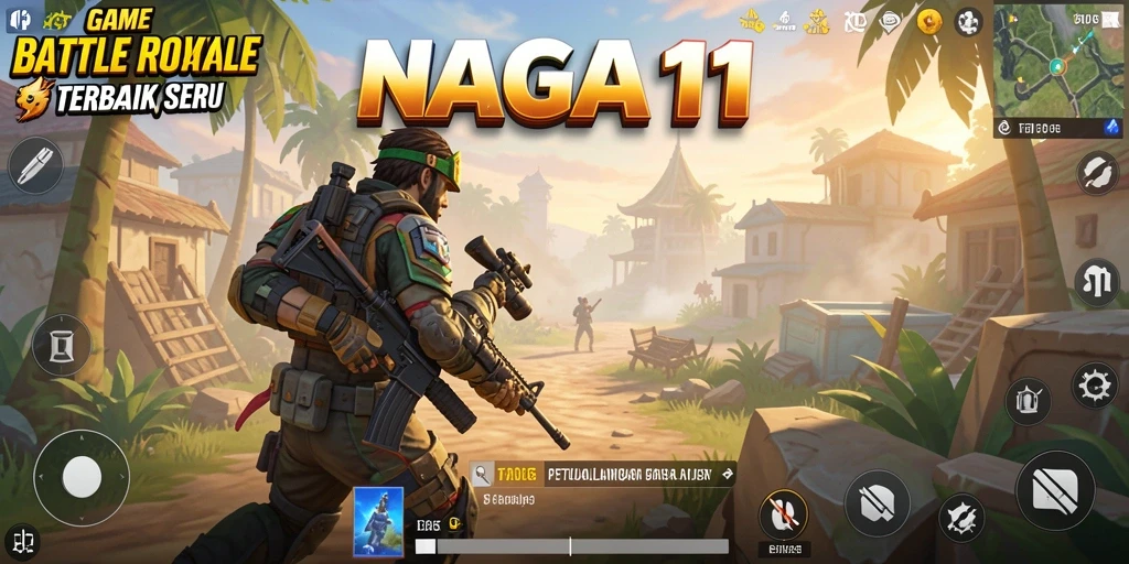Screenshot utama NAGA11 menunjukkan aksi pertempuran seru dalam arena Battle Royale.