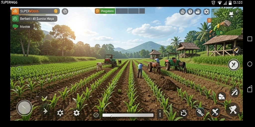 Tampilan gameplay SUPERWD666 dengan lahan pertanian yang penuh warna.